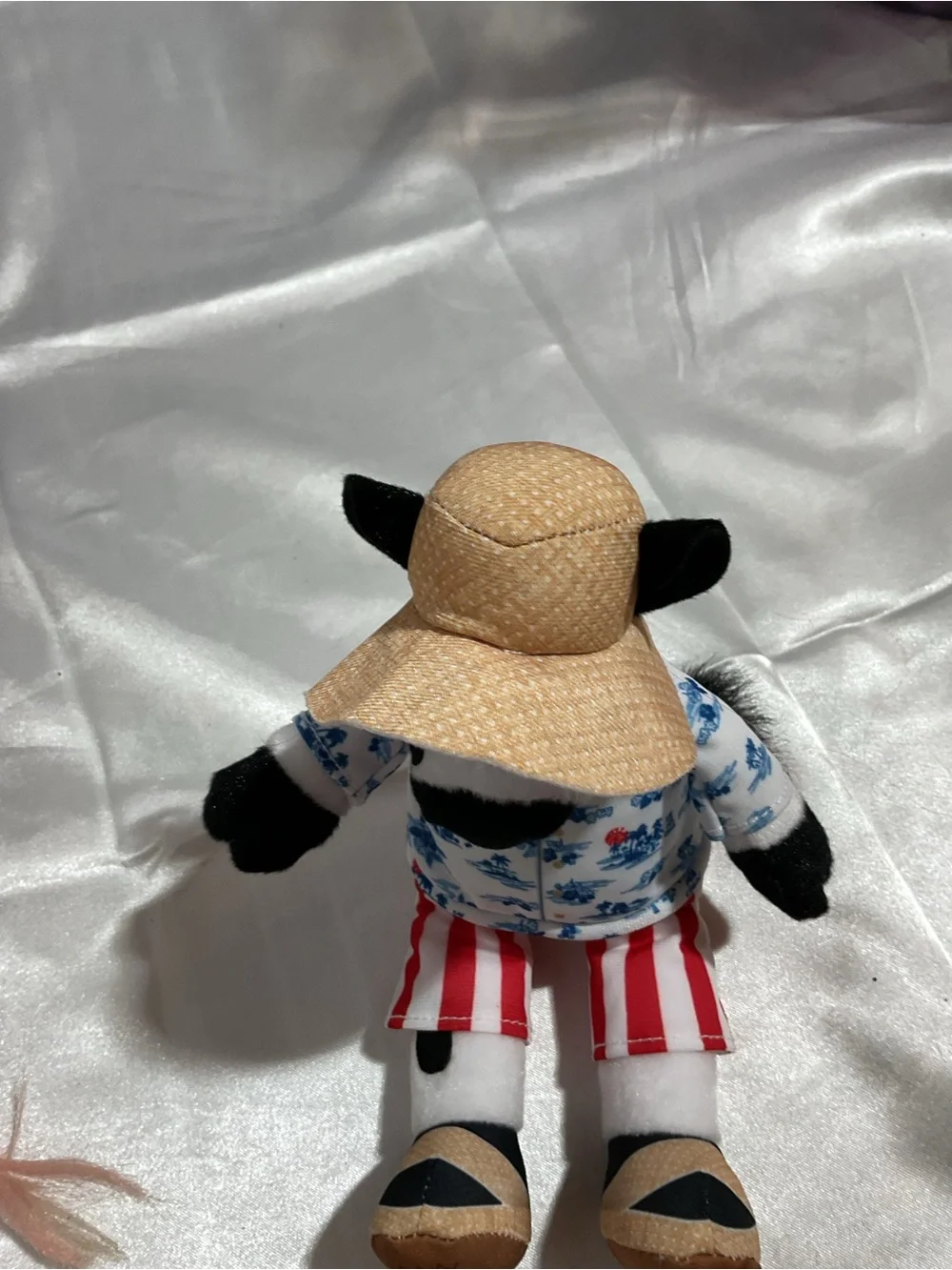 Plush Cow Toy in White, Black & Blue Floral Outfit